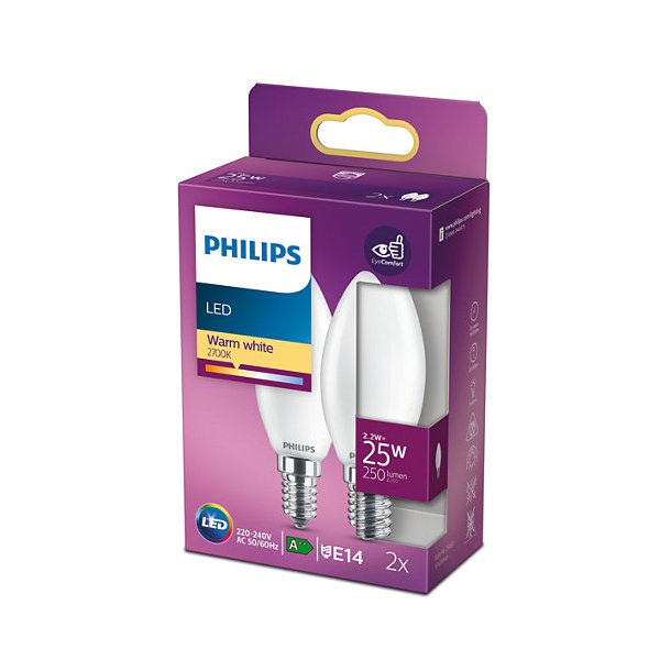 LED Kertepre E14 - 2.2W (25W) - 2-pak - Philips 
