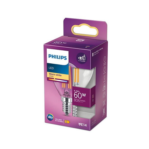 LED Kronepre E14 - 6,5W (60W) - Klar - Philips 