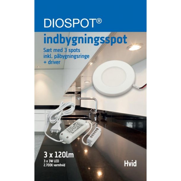Indbygningsspot Diospot LED 3 stk Komplet - Hvid