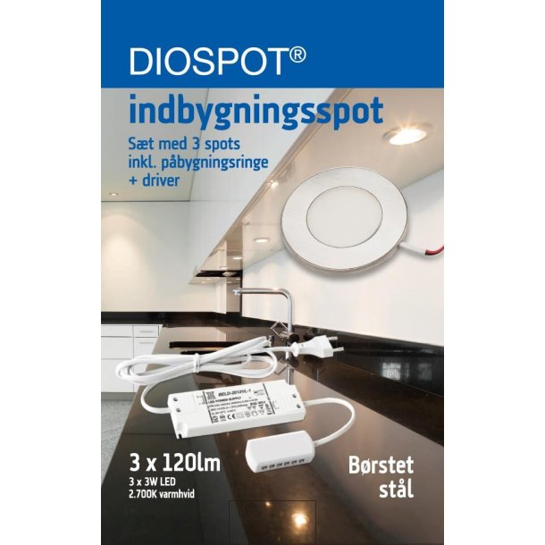 Indbygningsspot Diospot LED 3 stk Komplet - Stl
